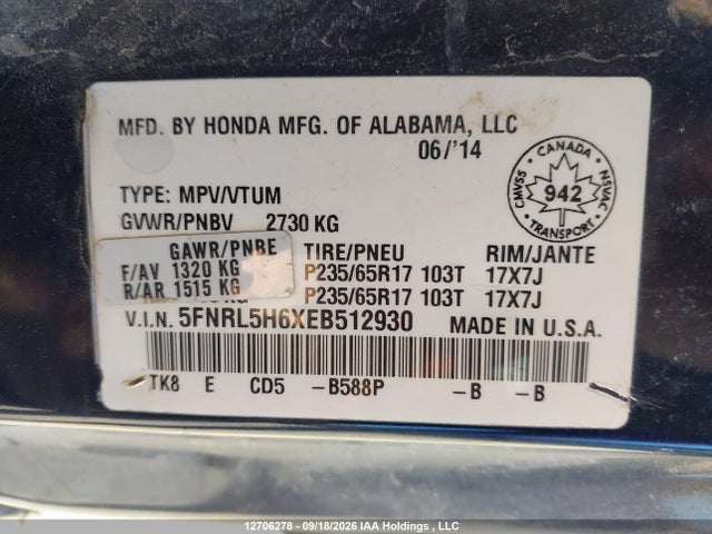 Продажа на аукционе авто 2014 Honda Odyssey Exl, vin: 5FNRL5H6XEB512930, номер лота: 12706278