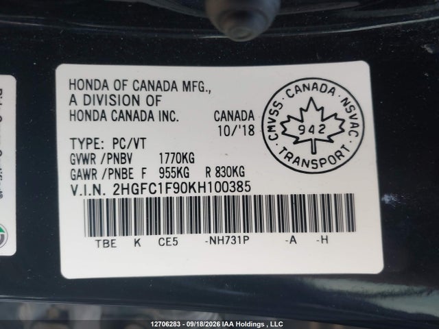 Honda Civic Touring 2019 2HGFC1F90KH100385 Image 21