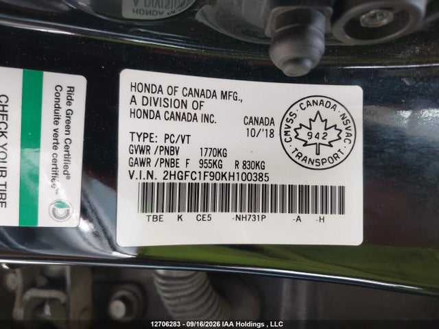 Honda Civic Touring 2019 2HGFC1F90KH100385 Image 9