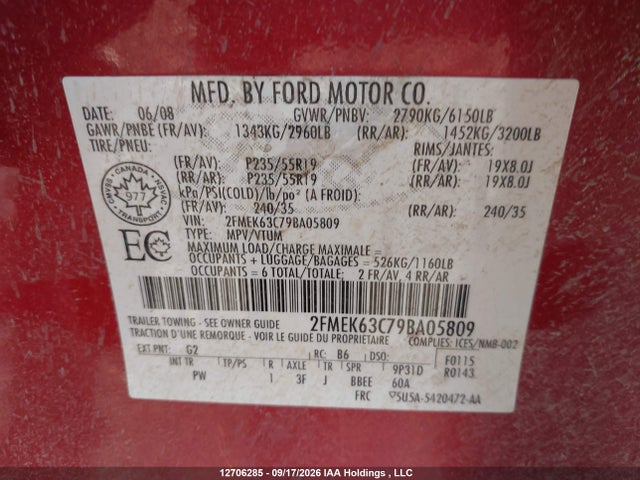 Aukcja sprzedaży 2009 Ford Flex Limited, vin: 2FMEK63C79BA05809, numer aukcji: 12706285