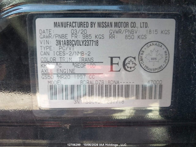 12706299 :رقم المزاد ، 3N1AB8CV0LY237718 vin ، 2020 Nissan Sentra Sv مزاد بيع