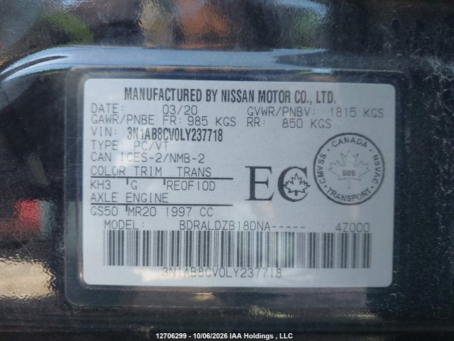 12706299 :رقم المزاد ، 3N1AB8CV0LY237718 vin ، 2020 Nissan Sentra Sv مزاد بيع