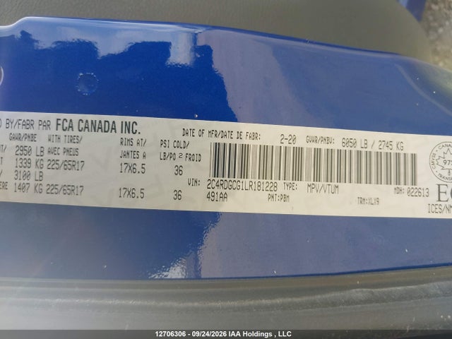 Aukcja sprzedaży 2020 Dodge Grand Caravan Sxt, vin: 2C4RDGCG1LR181228, numer aukcji: 12706306