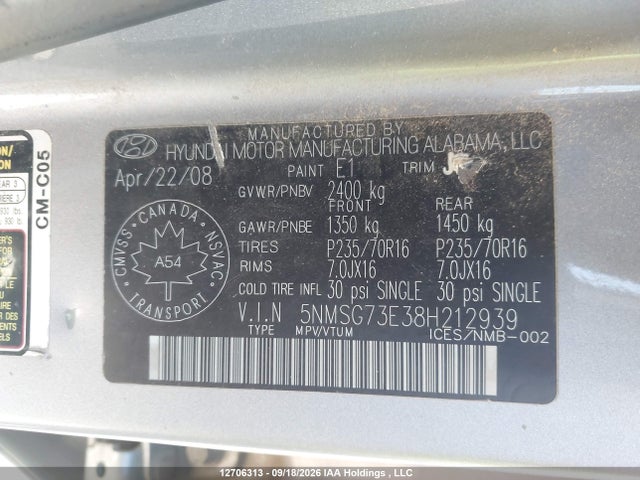 2008 Hyundai Santa Fe Gl მანქანა იყიდება აუქციონზე, vin: 5NMSG73E38H212939, აუქციონის ნომერი: 12706313