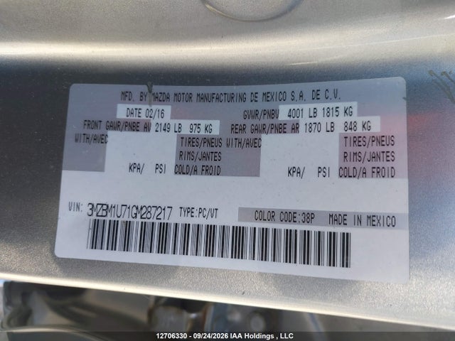 12706330 :رقم المزاد ، 3MZBM1U71GM287217 vin ، 2016 Mazda Mazda3 G/gx مزاد بيع