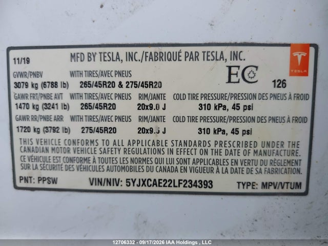 2020 Tesla Model X Long Range/long Range Plus მანქანა იყიდება აუქციონზე, vin: 5YJXCAE22LF234393, აუქციონის ნომერი: 12706332
