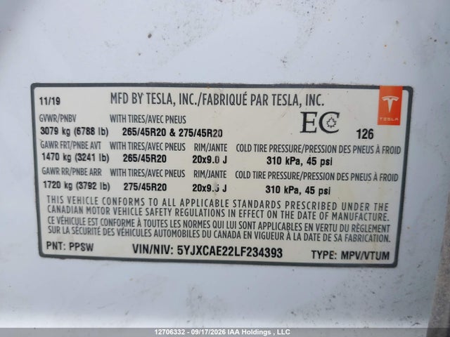 2020 Tesla Model X Long Range/long Range Plus მანქანა იყიდება აუქციონზე, vin: 5YJXCAE22LF234393, აუქციონის ნომერი: 12706332