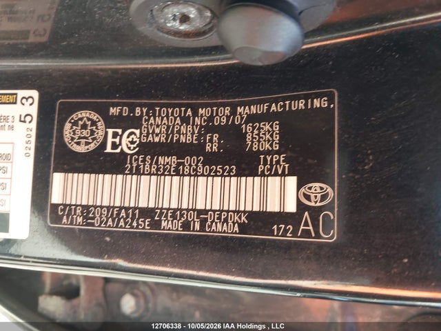 Aukcja sprzedaży 2008 Toyota Corolla Ce, vin: 2T1BR32E18C902523, numer aukcji: 12706338