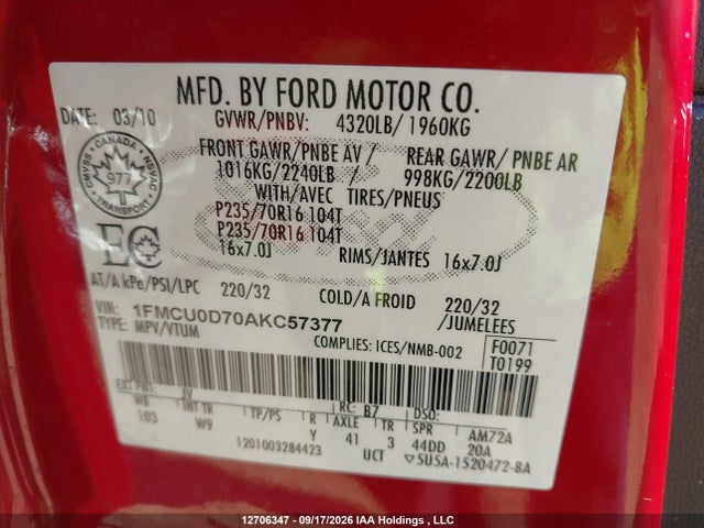 Продаж на аукціоні авто 2010 Ford Escape Xlt, vin: 1FMCU0D70AKC57377, номер лоту: 12706347