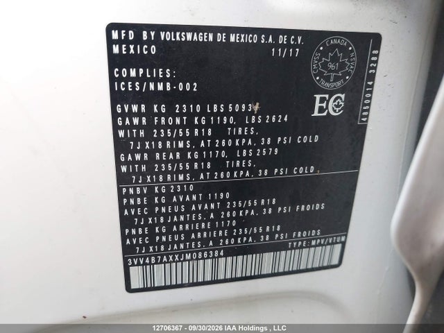 Aukcja sprzedaży 2018 Volkswagen Tiguan Highline, vin: 3VV4B7AXXJM086384, numer aukcji: 12706367