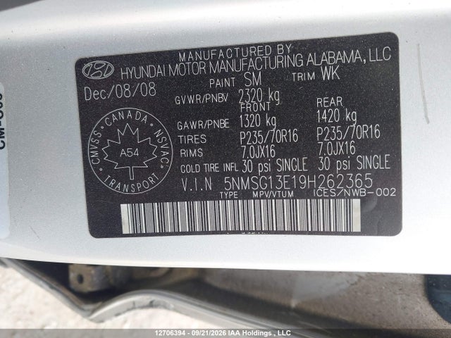 Продажа на аукционе авто 2009 Hyundai Santa Fe Gl, vin: 5NMSG13E19H262365, номер лота: 12706394