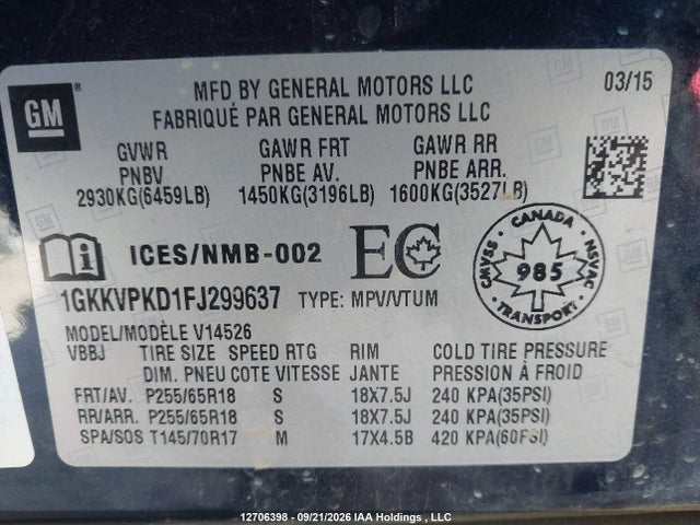 Aukcja sprzedaży 2015 Gmc Acadia Sle2, vin: 1GKKVPKD1FJ299637, numer aukcji: 12706398