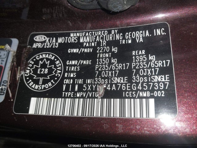12706402 :رقم المزاد ، 5XYKT4A76EG457397 vin ، 2014 Kia Sorento Lx مزاد بيع