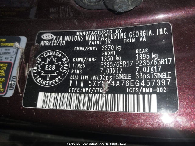 12706402 :رقم المزاد ، 5XYKT4A76EG457397 vin ، 2014 Kia Sorento Lx مزاد بيع
