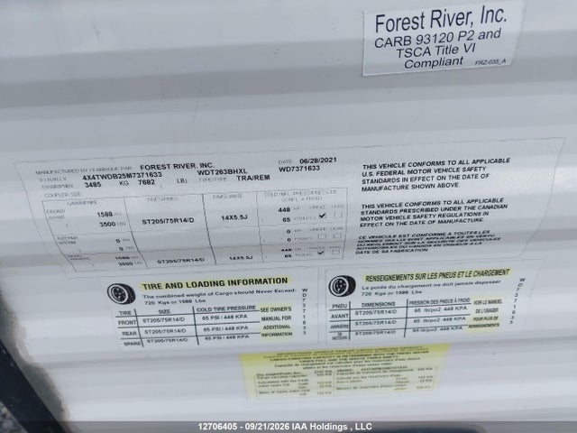 Продаж на аукціоні авто 2021 Forest River Forest River, vin: 4X4TWDB25M7371633, номер лоту: 12706405