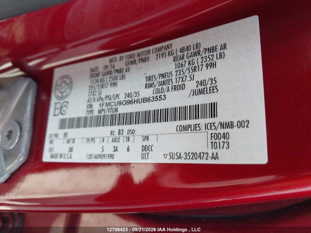 2017 Ford Escape Se მანქანა იყიდება აუქციონზე, vin: 1FMCU9G96HUB63553, აუქციონის ნომერი: 12706423
