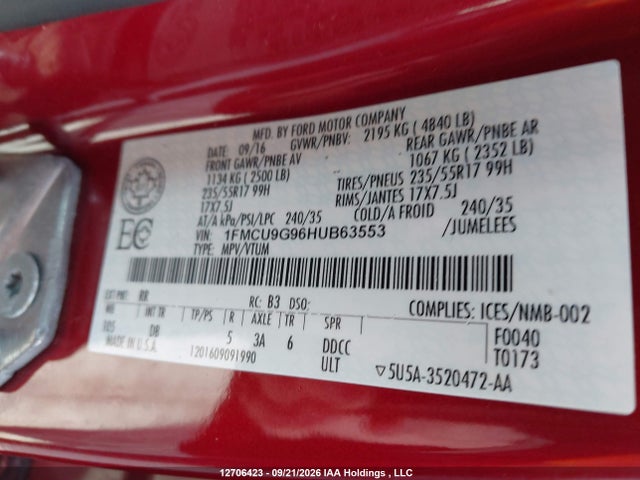 2017 Ford Escape Se მანქანა იყიდება აუქციონზე, vin: 1FMCU9G96HUB63553, აუქციონის ნომერი: 12706423