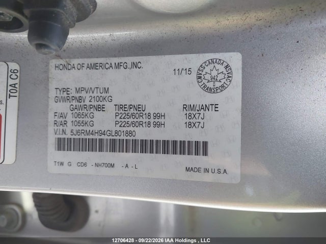 Продаж на аукціоні авто 2016 Honda Cr-v Touring, vin: 5J6RM4H94GL801880, номер лоту: 12706428