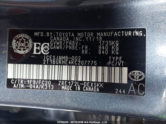 2T1BURHE4KC207775 Toyota Corolla L/le/xle/se/xse