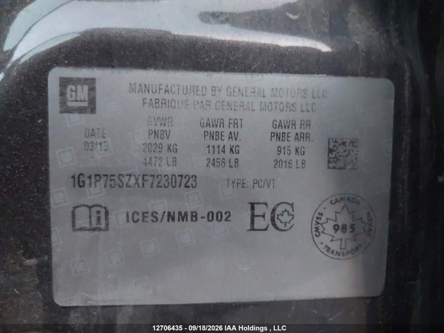 2015 Chevrolet Cruze Diesel მანქანა იყიდება აუქციონზე, vin: 1G1P75SZXF7230723, აუქციონის ნომერი: 12706435