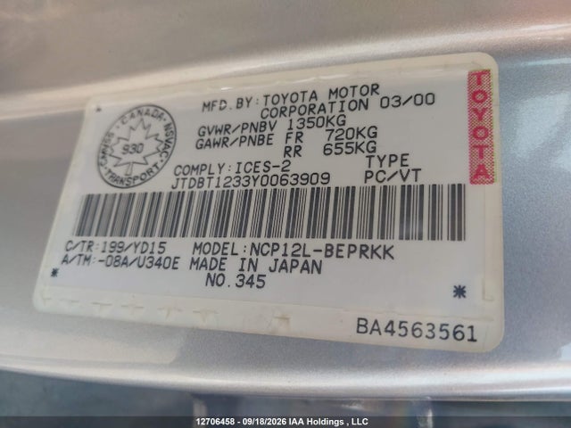 12706458 :رقم المزاد ، JTDBT1233Y0063909 vin ، 2000 Toyota Echo مزاد بيع