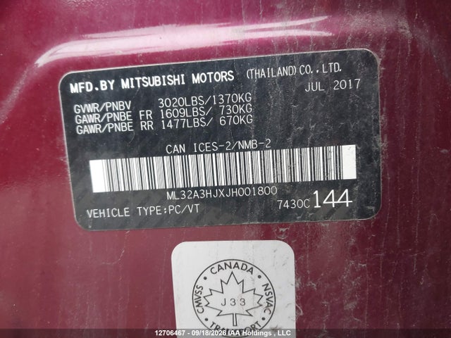 Aukcja sprzedaży 2018 Mitsubishi Mirage Es, vin: ML32A3HJXJH001800, numer aukcji: 12706467