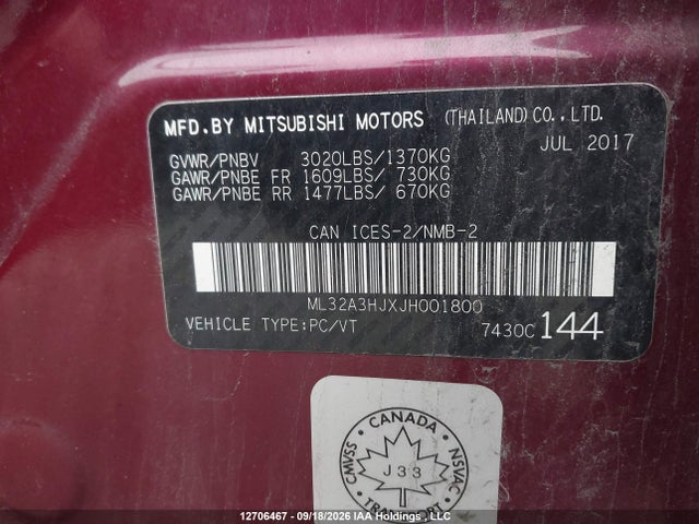 Aukcja sprzedaży 2018 Mitsubishi Mirage Es, vin: ML32A3HJXJH001800, numer aukcji: 12706467