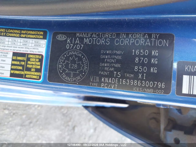 12706490 :رقم المزاد ، KNADE163986300796 vin ، 2008 Kia Rio5 Ex/ex-convenience/ex-sport مزاد بيع