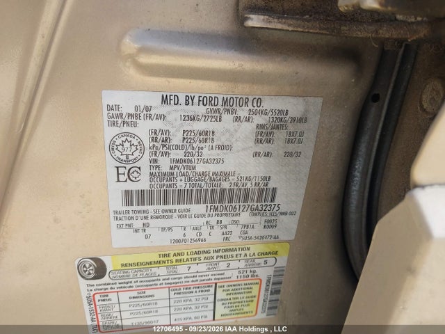 12706495 :رقم المزاد ، 1FMDK06127GA32375 vin ، 2007 Ford Freestyle Limited مزاد بيع