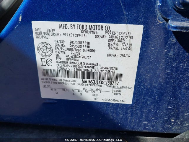 Aukcja sprzedaży 2019 Ford Ecosport Ses, vin: MAJ6S3JLXKC280757, numer aukcji: 12706507