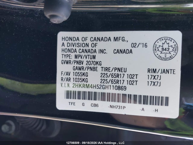 Aukcja sprzedaży 2016 Honda Cr-v Ex, vin: 2HKRM4H52GH110869, numer aukcji: 12706509