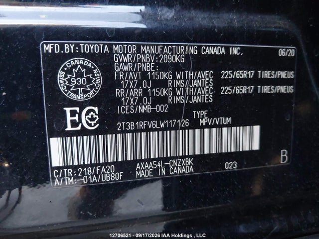 12706521 :رقم المزاد ، 2T3B1RFV6LW117126 vin ، 2020 Toyota Rav4 مزاد بيع