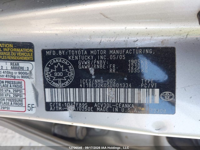 Продаж на аукціоні авто 2005 Toyota Camry Le/xle/se, vin: 4T1BE32K05U601334, номер лоту: 12706546