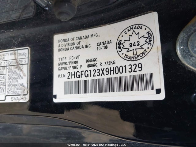 12706561 :رقم المزاد ، 2HGFG123X9H001329 vin ، 2009 Honda Civic Dx-g مزاد بيع