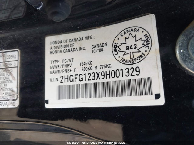 12706561 :رقم المزاد ، 2HGFG123X9H001329 vin ، 2009 Honda Civic Dx-g مزاد بيع