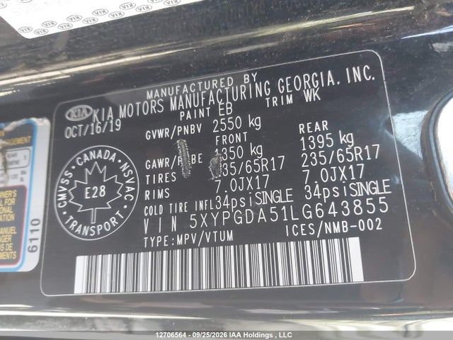 5XYPGDA51LG643855 KIA Sorento 3.3l Black Line/3.3l Lx+