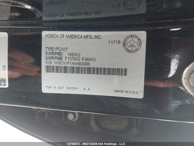 Auction sale of the 2019 Honda Accord Lx 1.5t, vin: 1HGCV1F1XKA800999, lot number: 12706572