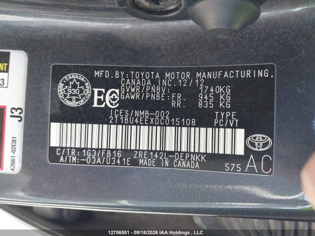 Aukcja sprzedaży 2013 Toyota Corolla Le, vin: 2T1BU4EEXDC015108, numer aukcji: 12706581