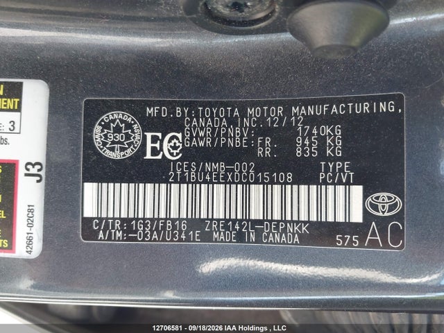 Aukcja sprzedaży 2013 Toyota Corolla Le, vin: 2T1BU4EEXDC015108, numer aukcji: 12706581