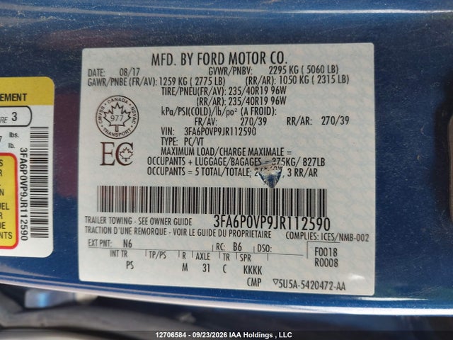Продаж на аукціоні авто 2018 Ford Fusion Sport, vin: 3FA6P0VP9JR112590, номер лоту: 12706584