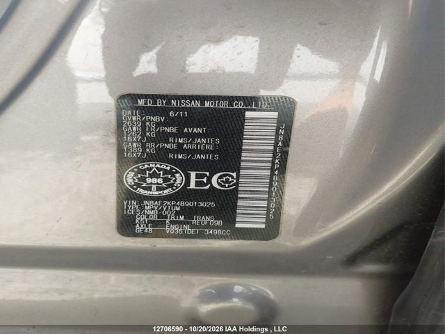 Продаж на аукціоні авто 2011 Nissan Quest S/sv/sl/le, vin: JN8AE2KP4B9013025, номер лоту: 12706590