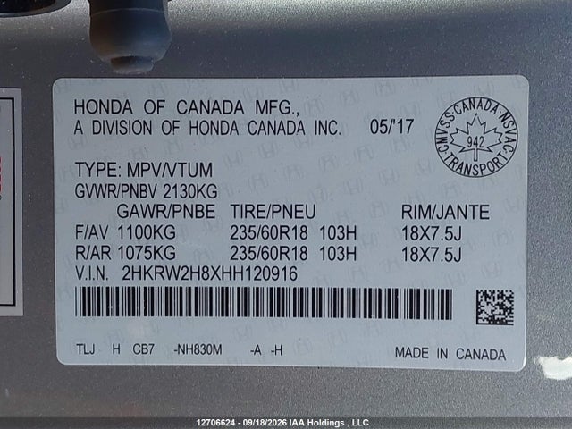 Honda CR-V EXL 2017 2HKRW2H8XHH120916 Image 9