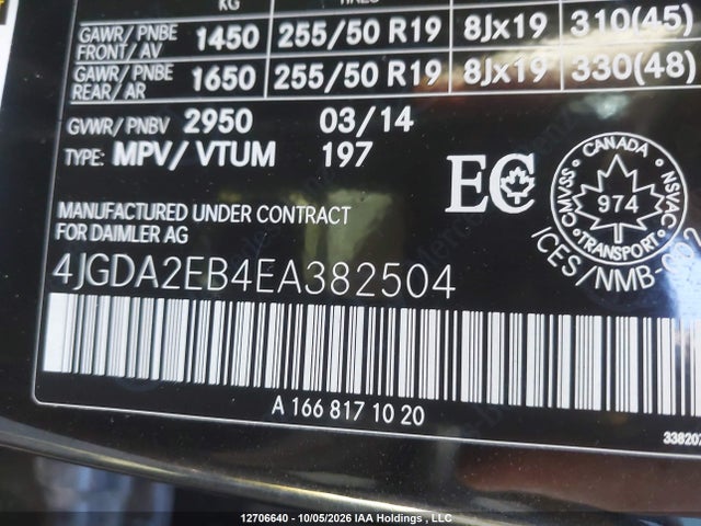 Aukcja sprzedaży 2014 Mercedes-benz Ml 350 Bluetec, vin: 4JGDA2EB4EA382504, numer aukcji: 12706640