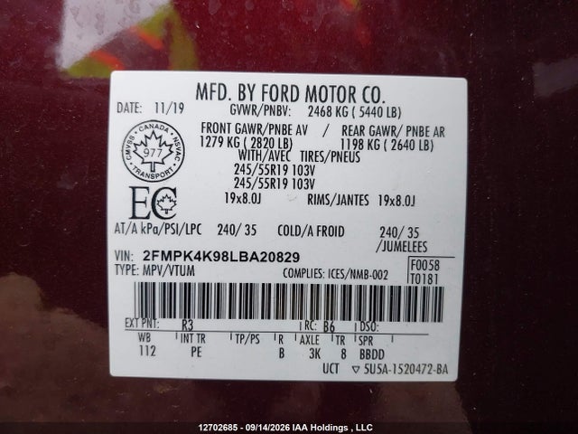 Aukcja sprzedaży 2020 Ford Edge Titanium, vin: 2FMPK4K98LBA20829, numer aukcji: 12702685