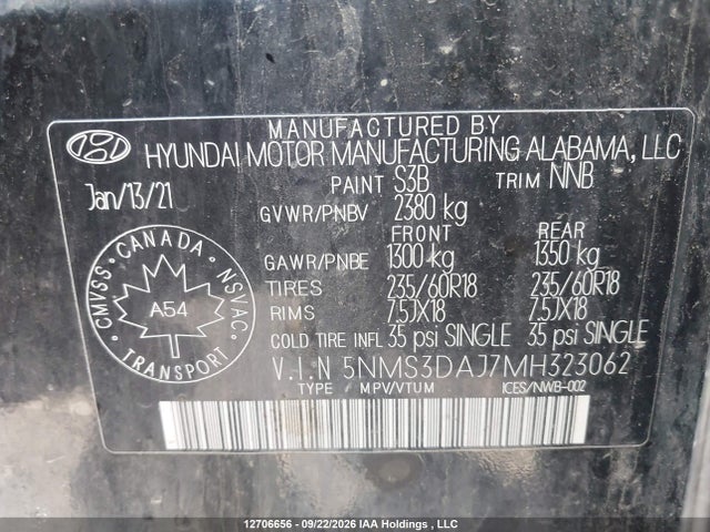 2021 Hyundai Santa Fe Preferred Awd მანქანა იყიდება აუქციონზე, vin: 5NMS3DAJ7MH323062, აუქციონის ნომერი: 12706656