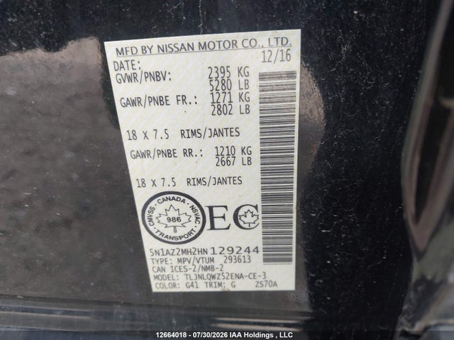 12664018 :رقم المزاد ، 5N1AZ2MH2HN129244 vin ، 2017 Nissan Murano Platinum/sl/sv مزاد بيع