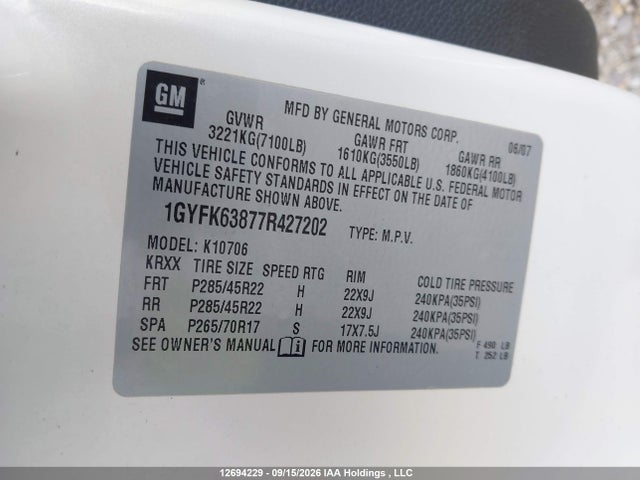 Aukcja sprzedaży 2007 Cadillac Escalade Standard, vin: 1GYFK63877R427202, numer aukcji: 12694229