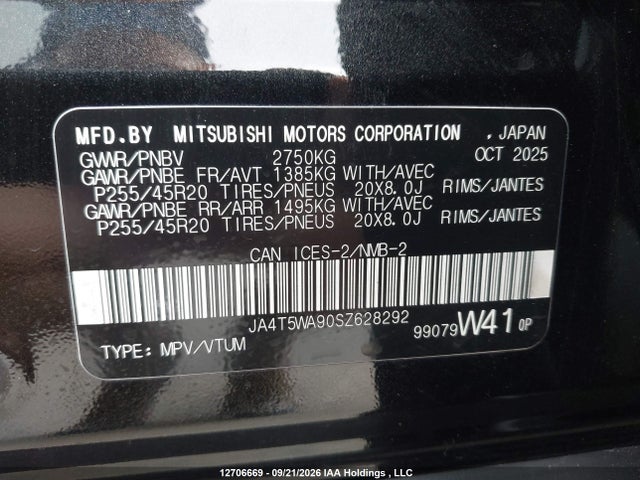 Aukcja sprzedaży 2025 Mitsubishi Outlander Phev Gt S-awc/noir S-awc, vin: JA4T5WA90SZ628292, numer aukcji: 12706669