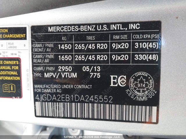 2013 Mercedes-benz Ml 350 Bluetec მანქანა იყიდება აუქციონზე, vin: 4JGDA2EB1DA245552, აუქციონის ნომერი: 12706674