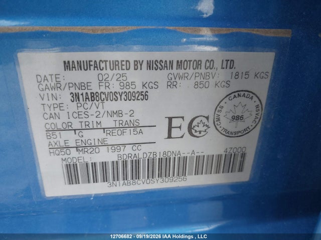Продаж на аукціоні авто 2025 Nissan Sentra Sv, vin: 3N1AB8CV0SY309256, номер лоту: 12706682